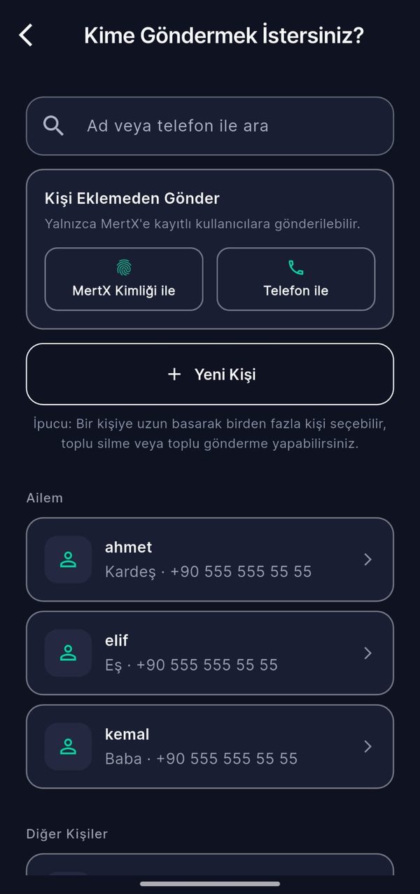 Kişi seçme ve gönderim ekranı