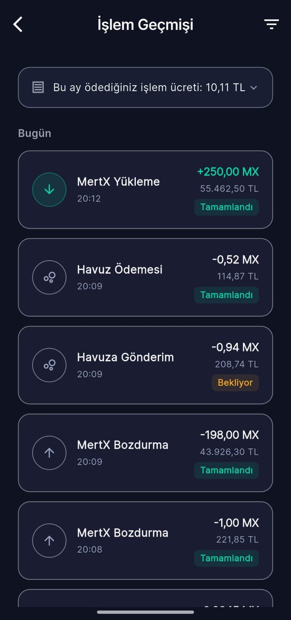 İşlem geçmişi ekranı